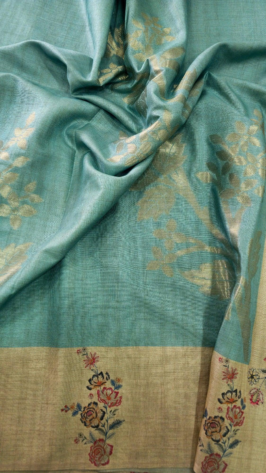 ocean teal blue Raw Tassar Silk Saree with Heritage designer digital by Mayurikaa