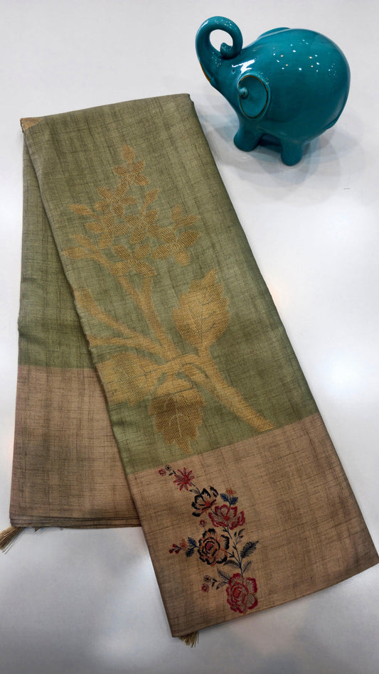 sage green Raw Tassar Silk Saree with Heritage designer digital by Mayurikaa 