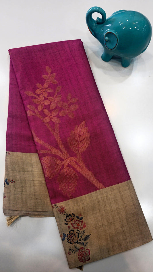 royal majenta pink Raw Tassar Silk Saree with Heritage designer digital by Mayurikaa