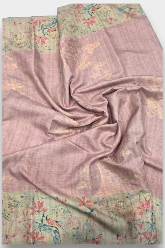 LIGHT ONION Raw Tassar Silk Saree with Heritage digital by Mayurikaa