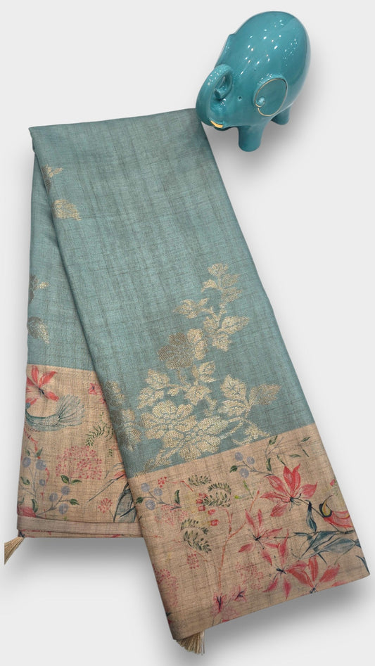sky ocean blue Raw Tassar Silk Saree with Heritage digital by Mayurikaa