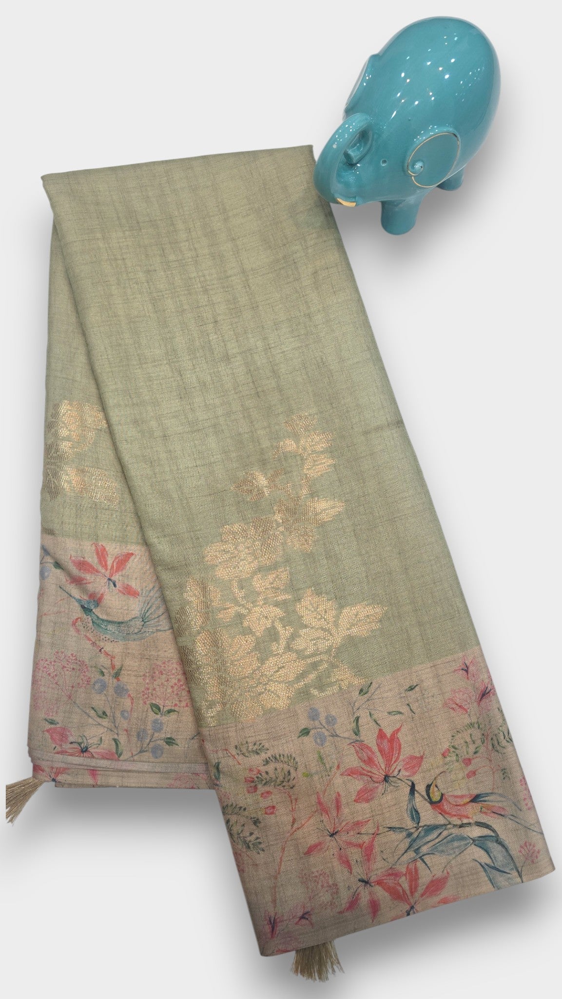 LIGHT leaf green Raw Tassar Silk Saree with Heritage digital by Mayurikaa