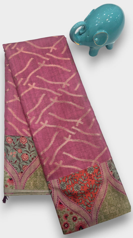 Dusty Pink Raw Crape Tassar Silk Saree Digital Print