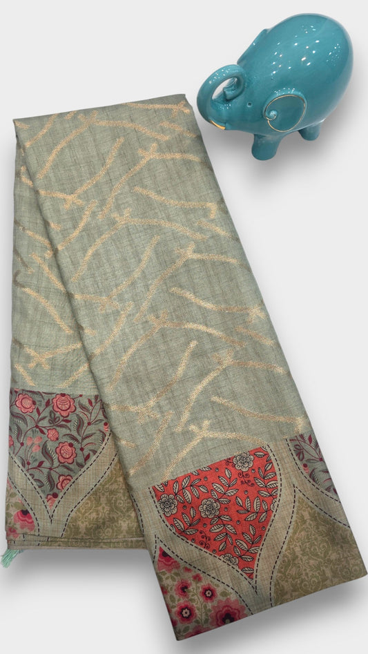Soft Teal Raw Crape Tassar Geometric Weave Saree