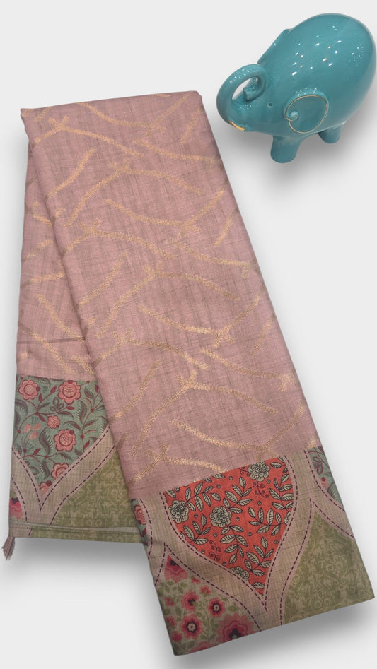 Strawberry Pink Raw Crape Tassar Digital Print Saree