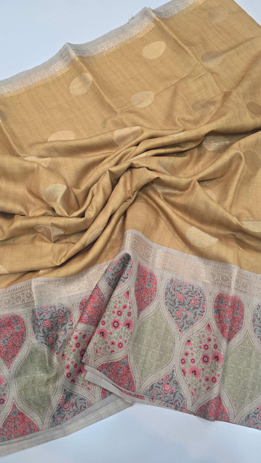 oil mustardv yellow Raw Tassar Silk Saree with Heritage digital by Mayurikaa