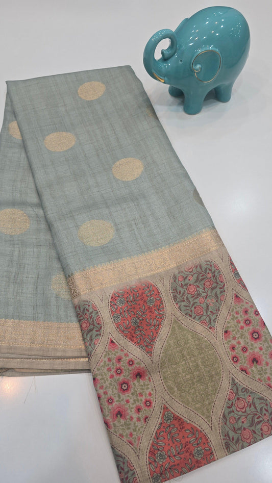 ocean teal Raw Tassar Silk Saree with Heritage designer digital by Mayurikaa