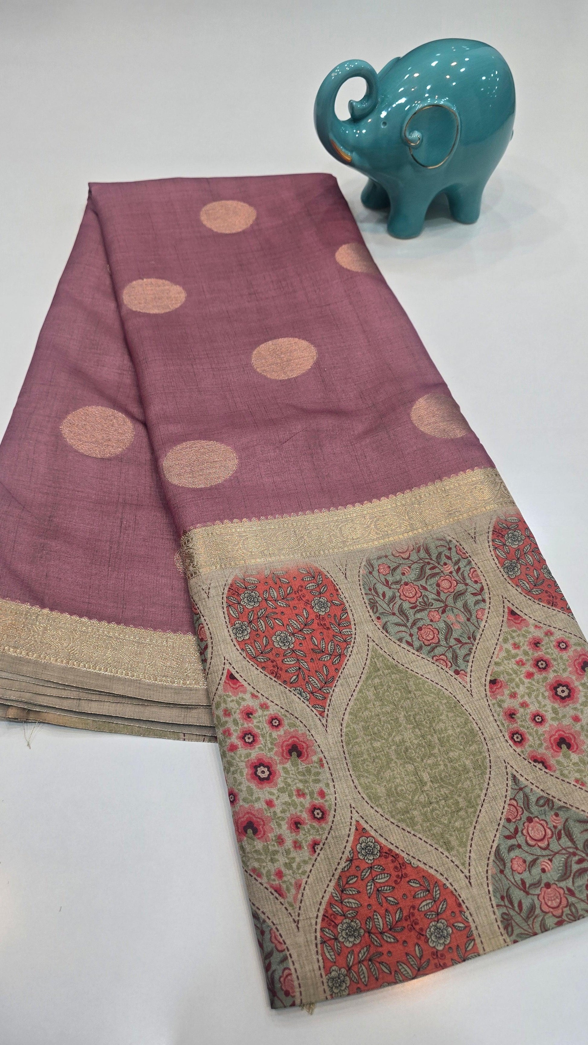 dusky pink Raw Tassar Silk Saree with Heritage designer digital by Mayurikaa