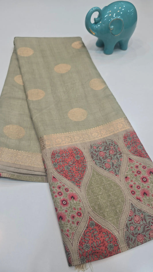 mint green Raw Tassar Silk Saree with Heritage designer digital by Mayurikaa