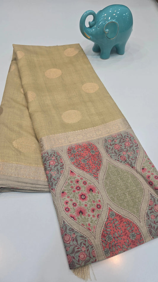 lemonade yellow Raw Tassar Silk Saree with Heritage designer digital by Mayurikaa