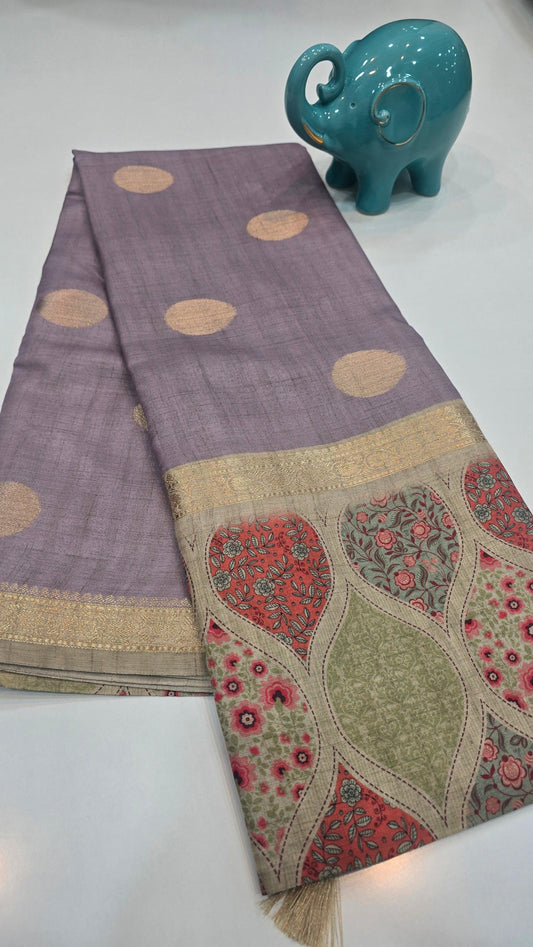 light periwinkle lavander Raw Tassar Silk Saree with Heritage designer digital by Mayurikaa