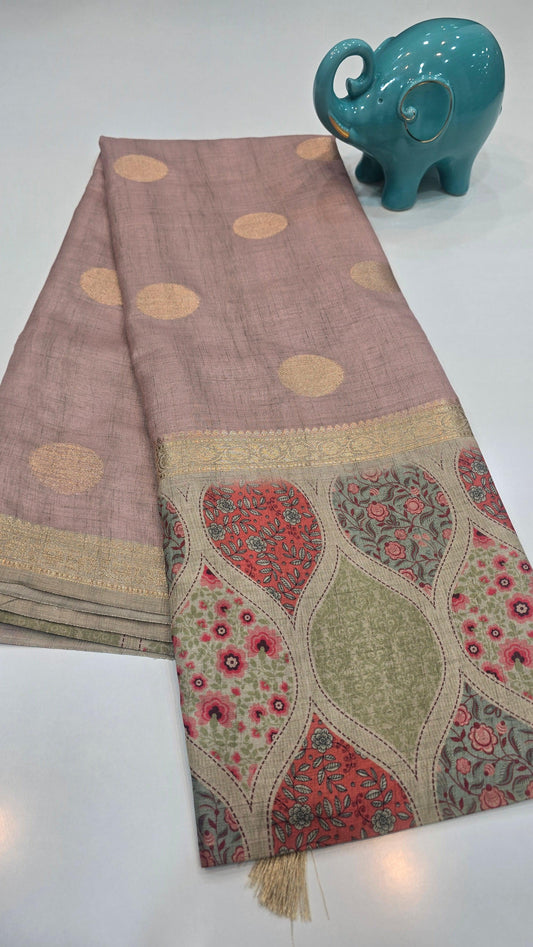 mellow pink Raw Tassar Silk Saree with Heritage designer digital by Mayurikaa