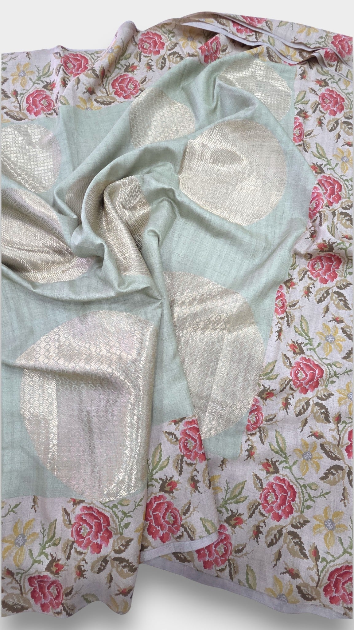 LIGHT GREEN Raw Tussar Silk Saree with FLORAL Digital Print and Jari WEAVING – Mayurikaa