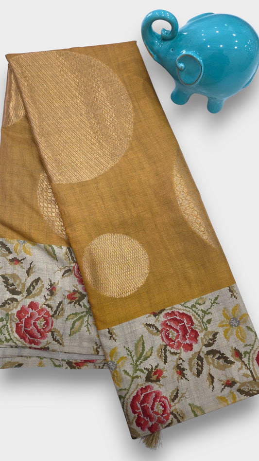 OIL MUSTARD Raw Tussar Silk Saree with FLORAL Digital Print and Jari WEAVING – Mayurikaa