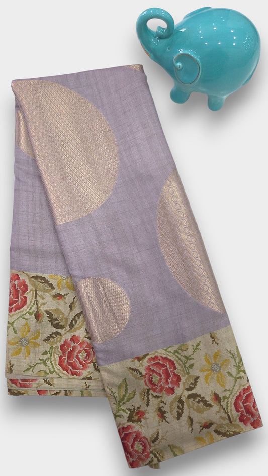 PERIWINKLE LAVENDER Raw Tussar Silk Saree with FLORAL Digital Print and Jari WEAVING – Mayurikaa