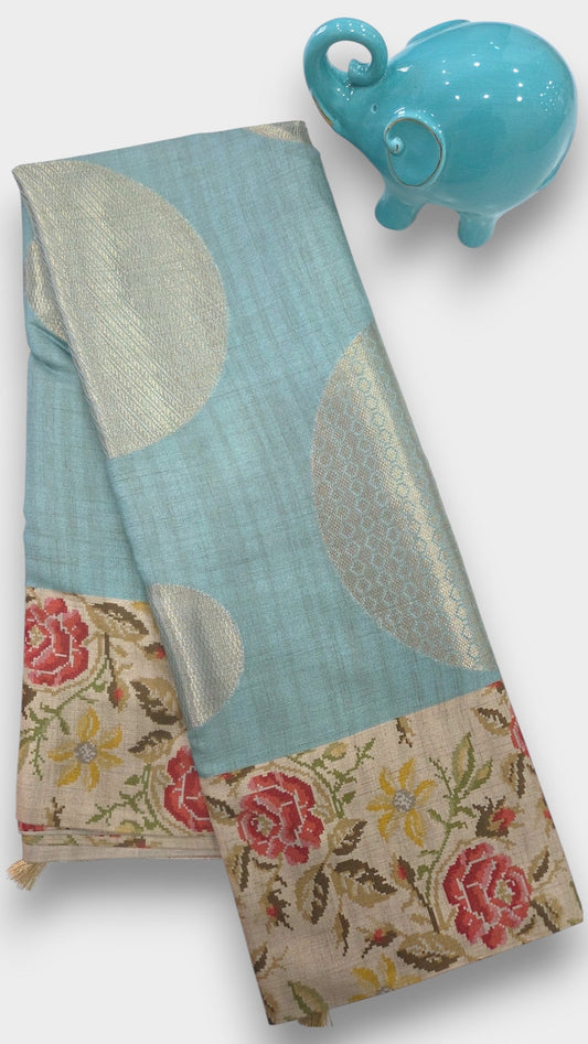OCEAN TEAL BLUE Raw Tussar Silk Saree with FLORAL Digital Print and Jari WEAVING – Mayurikaa