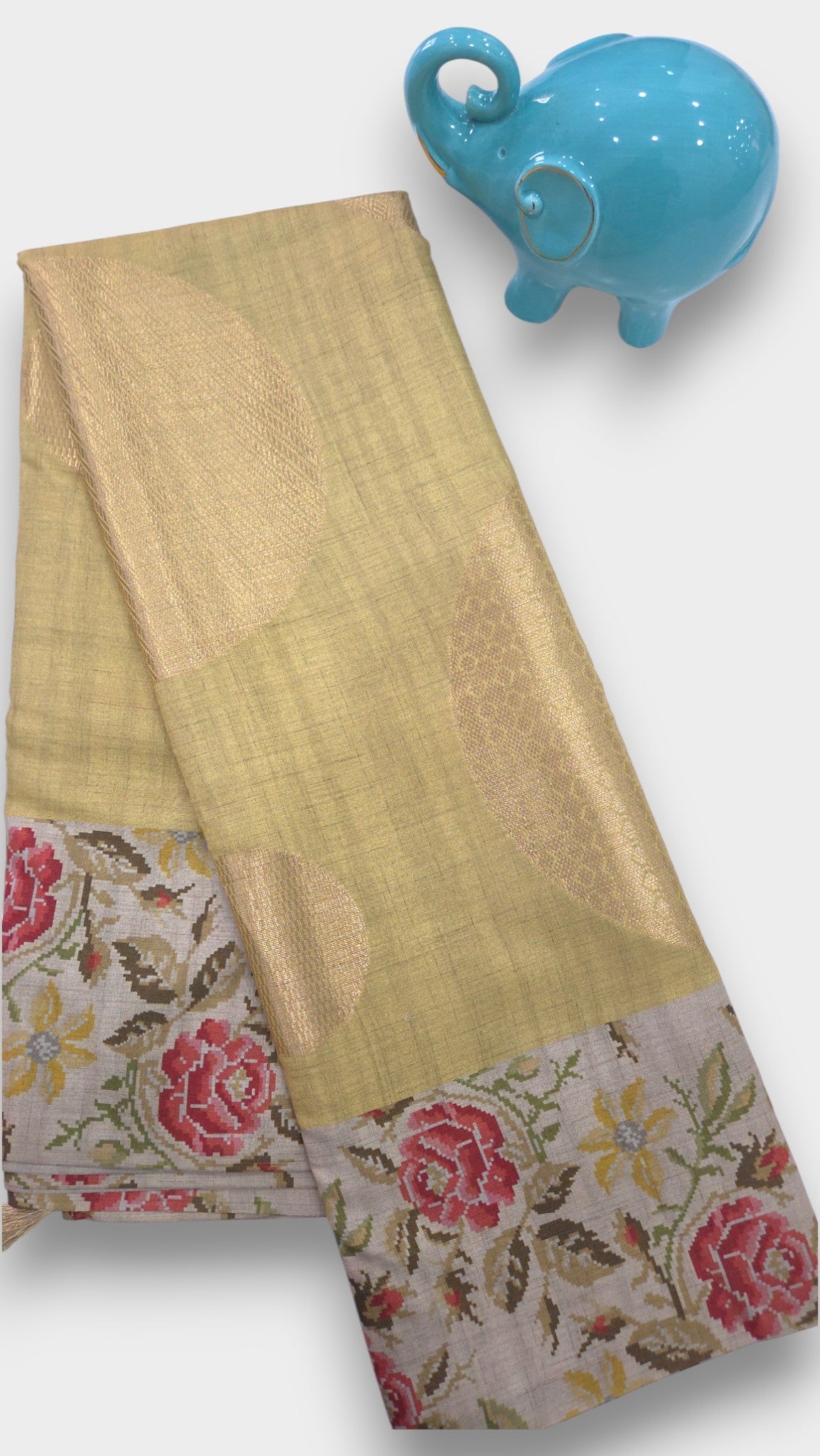 LEMONADE YELLOW Raw Tussar Silk Saree with FLORAL Digital Print and Jari WEAVING – Mayurikaa