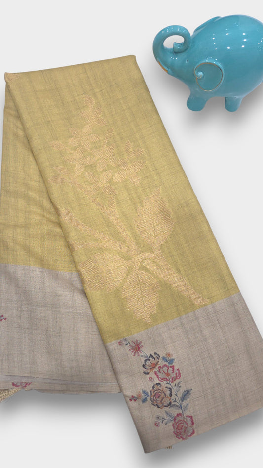 golden olive yellow Raw Tassar Silk Saree with Heritage designer digital by Mayurikaa