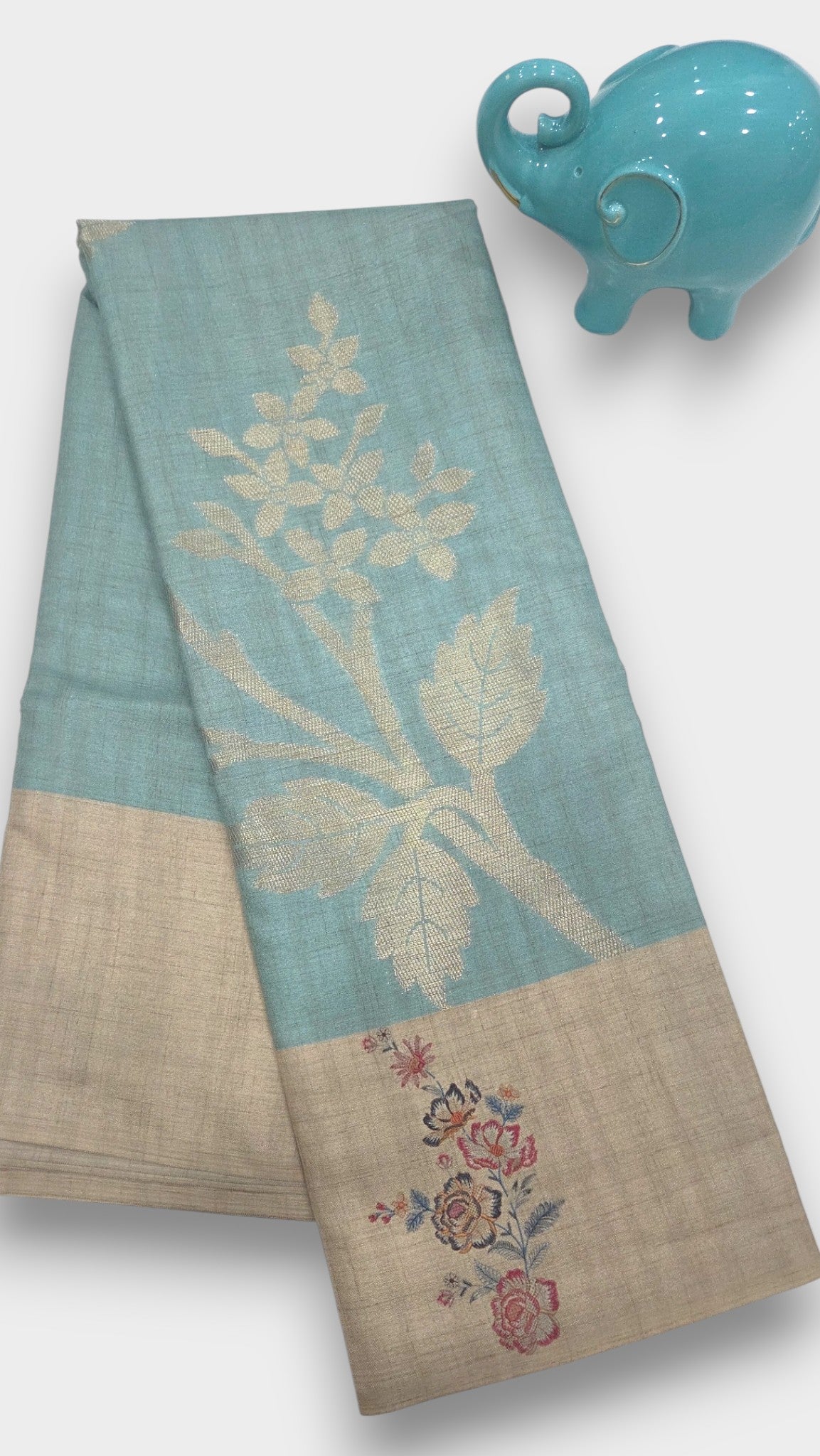 ocean teal Raw Tassar Silk Saree with Heritage designer digital by Mayurikaa