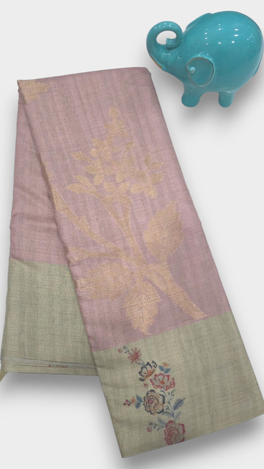 muted mouve lavender Raw Tassar Silk Saree with Heritage designer digital by Mayurikaa