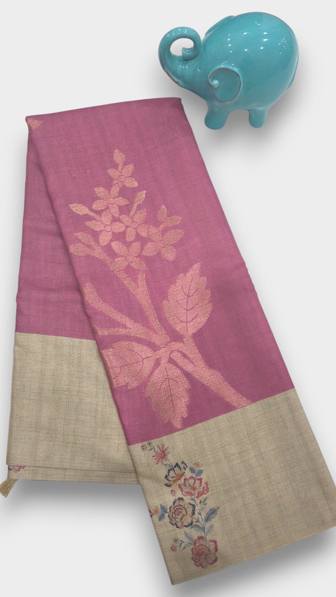 dusky rose Raw Tassar Silk Saree with Heritage designer digital by Mayurikaa