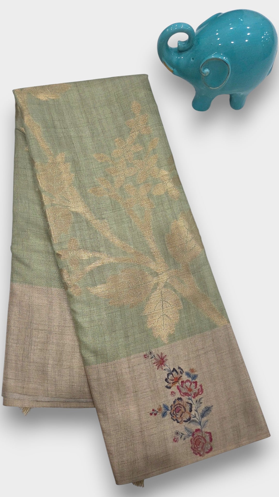 slate moss green Raw Tassar Silk Saree with Heritage designer digital by Mayurikaa